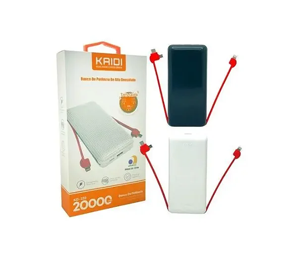 POWER BANK 20000MAH KAIDI MODELO KD-232 COM CONECTORES LIGHTNING, MICRO USB, TIPO C E PORTA USB