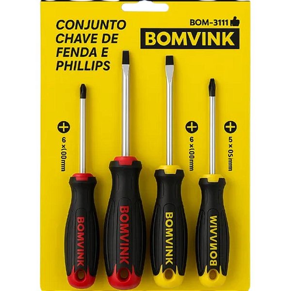 CONJUNTO 4 CHAVES FENDA/PHILIPS BOM-3111