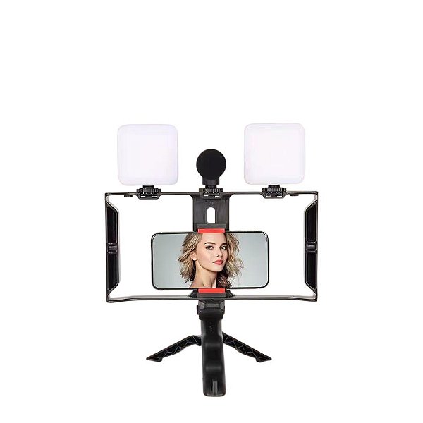 SUPORTE TRIPE DE CAMERA PORTATIL + MICROFONE + LUZ MARCA MTG-3333