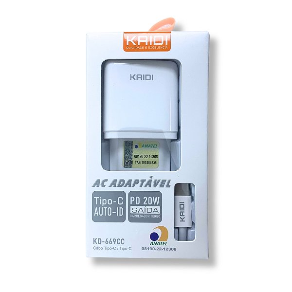 CARREGADOR TURBO 20W KAIDI PARA CELULAR COM CABO TIPO C PARA C KD-669CC