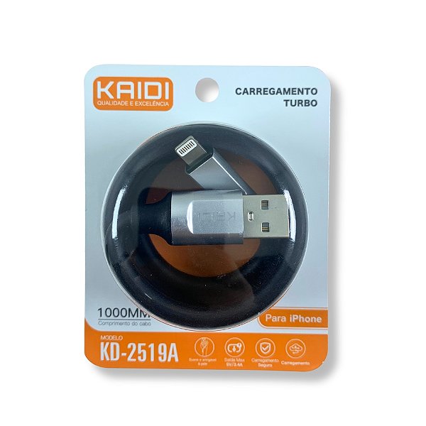 CABO USB PARA LIGHTNING CABO REFORÇADO KAIDI CARREGAMENTO TURBO 1M KD-2519A