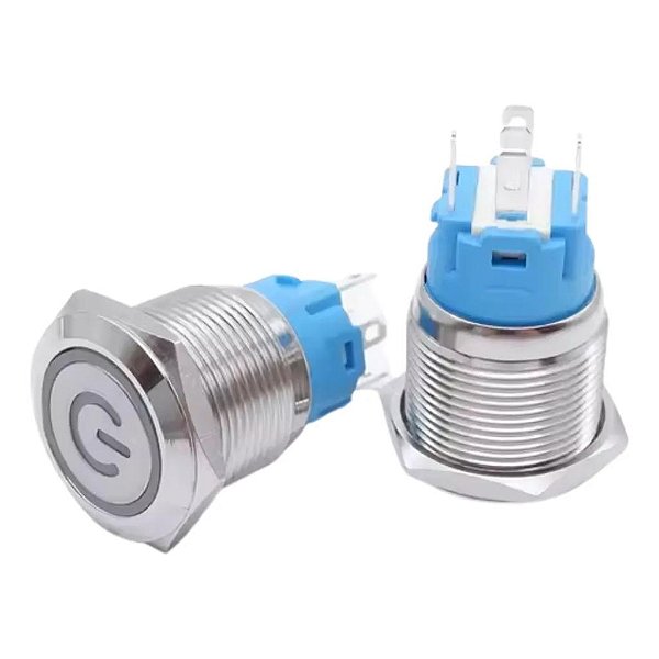 CHAVE ANTI VANDALISMO LIGA/DESLIGA, PRATA, 3A/250VAC 19MM E LED AZUL 12VDC CHVS0047