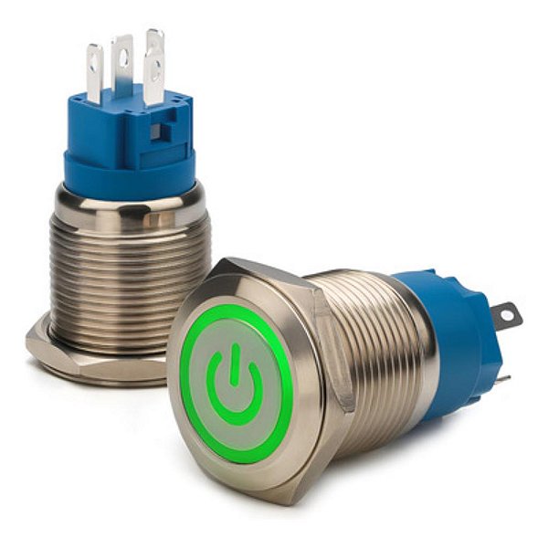 CHAVE ANTI VANDALISMO LIGA/DESLIGA, PRATA, 3A/250VAC 19MM E LED VERDE 12VDC CHVS0050
