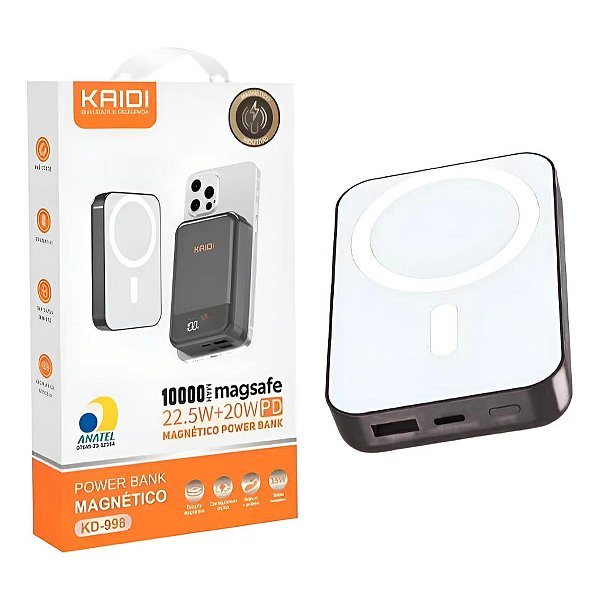 CARREGADOR POWER BANK, MAGNETICO 10.000MAH KAIDI KD-998