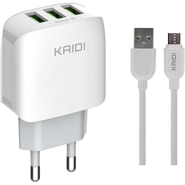 CARREGADOR DE TOMADA COM 3 SAIDAS USB DC5V, 3.1A MICRO USB V8 1 MT KD-557S