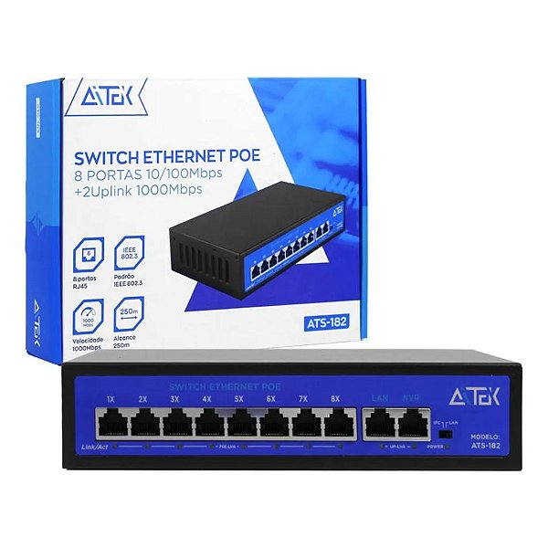 SWITCH POE DE INTERNET 8 PORTAS RJ45 AC 100-240V 50/60HZ 0,5A AITEK ATS-182