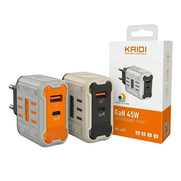 CARREGADOR DE TOMADA TURBO, PD+QC, 3.0, 45W KAIDI KD-692