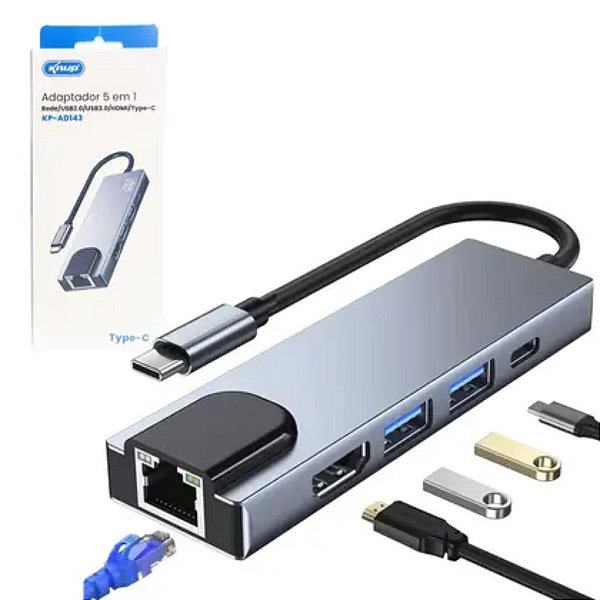 ADAPTADOR 5 EM 1 USB 3.0 E SAIDAS DE REDE RJ45 HDMI USB 3.0 USB TYPE-C KP-AD143