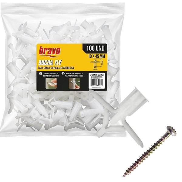 BUCHA FLY P/ GESSO E DRYWALL 10" PACOTE 100 PEÇAS 52242