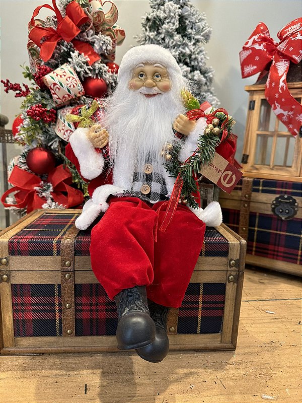 Papai noel sentado xadrez vermelho -45cm