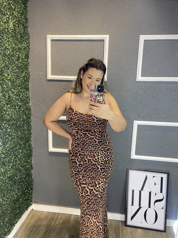 Vestido tule alça leopardo marrom