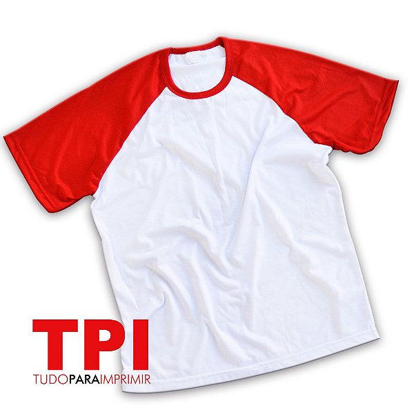 Camiseta Raglan Branca/Vermelha Adulto Poliéster