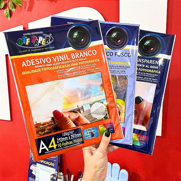 Adesivo Vinil Off Paper – Branco Brilho, Branco Fosco e Transparente | A4 | Pacote com 10 Folhas