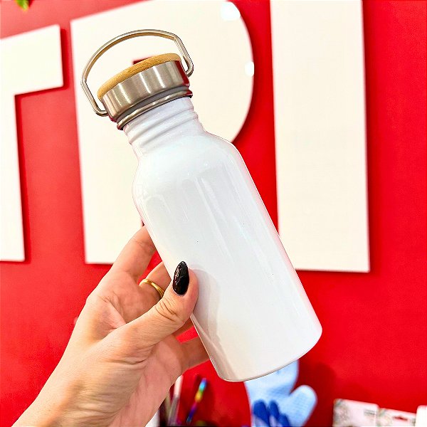 Garrafa Leiteira para Sublimação em Aço Inox Branca com Tampa Bambu - 500ml - LiveSub