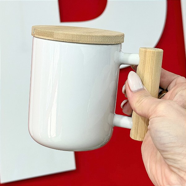 Caneca Branca Wood 325ml Sublimática com Tampa de Bambu – Elegância e Sustentabilidade para Personalizar!