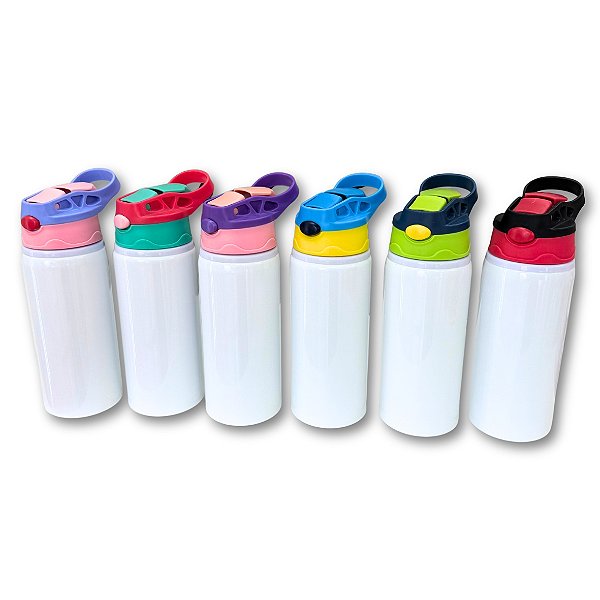 Garrafa de Alumínio Branca Infantil 600ml com Tampa Colorida - Jojo