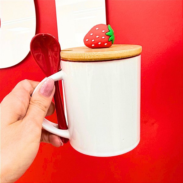 Tampa Bambu para Canecas Puxador Morango