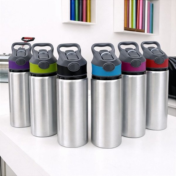 Garrafa de Alumínio Prata 600ml com Tampa Colorida - Jojo - Ref 2240