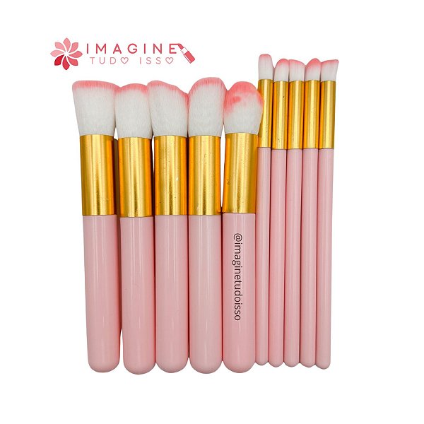 Kit com 10 Pincéis (COR Rosa e Dourado)