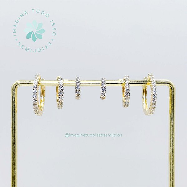Trio de Brincos Semijoias Argola Cravejado Delicado Click (dourado)