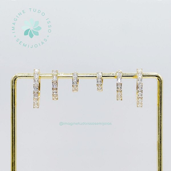 Trio de Brincos Semijoias Argola Cravejado Click (dourado)