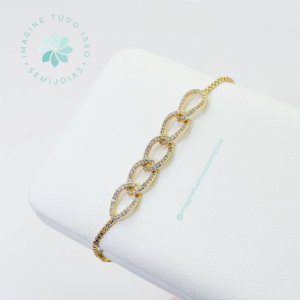Pulseira Semijoia Corrente Cravejada Gravatinha (dourada)