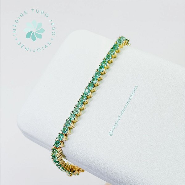 Pulseira Semijoia Estilo Riviera Verde Esmeralda (dourada)