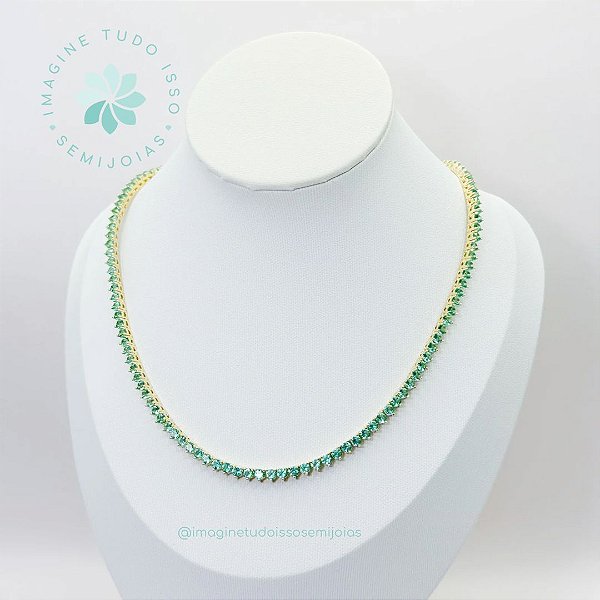 Colar Semijoia Estilo Riviera Verde Esmeralda 40cm (dourado)