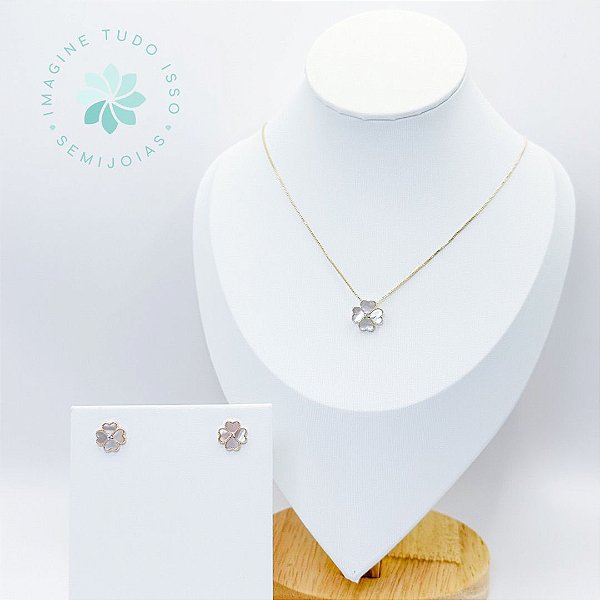 Conjunto Semijoia Colar e Brincos Trevinho Estilo Madrepérola Delicado (dourado)