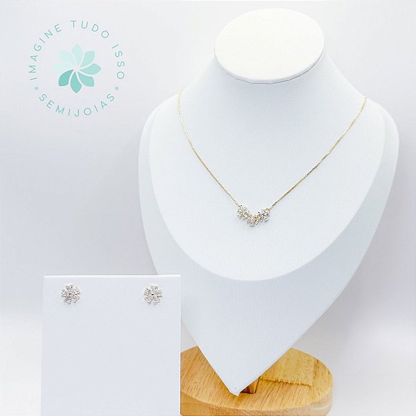 Conjunto Semijoia Colar e Brincos Florzinha Cravejada (dourado)