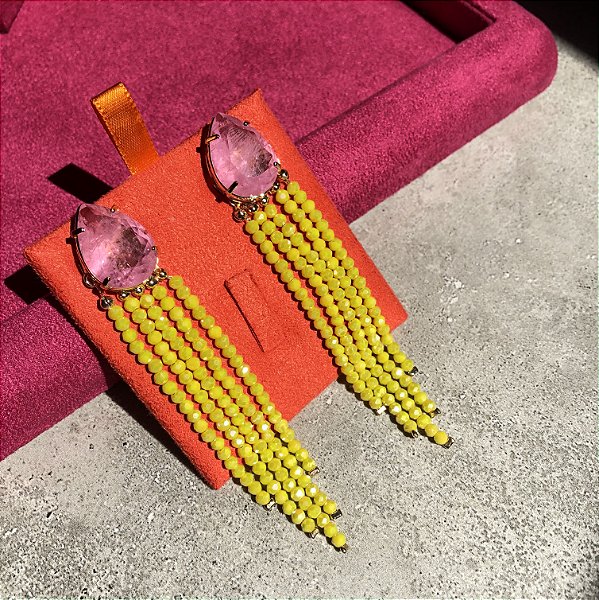 Brinco 2 em 1 Gota Light Pink Fusion e Franjas Facetadas Verde Lima Banhado a Ouro