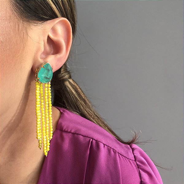 Brinco 2 em 1 Gota Turmalina Fusion e Franjas Facetadas Verde Lima Banhado a Ouro