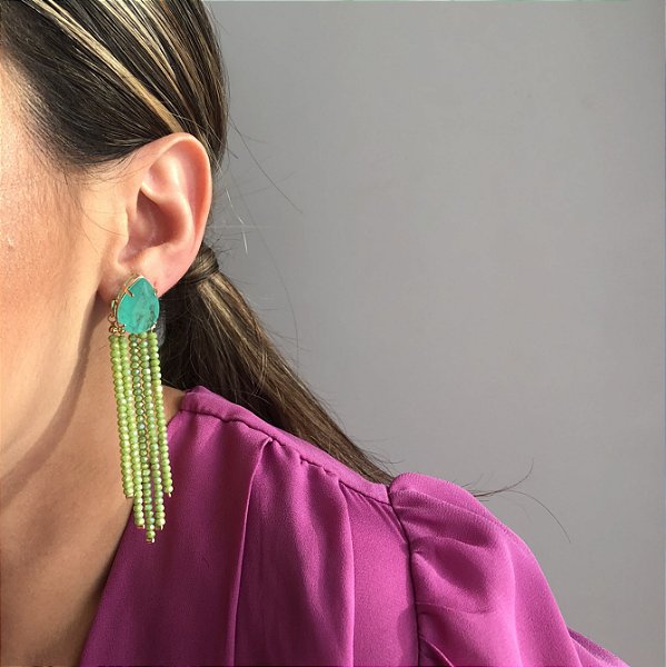 Brinco 2 em 1 Gota Turmalina Fusion e Franjas Facetadas Verde Banhado a Ouro