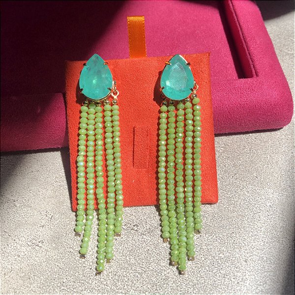 Brinco 2 em 1 Gota Turmalina Fusion e Franjas Facetadas Verde Banhado a Ouro