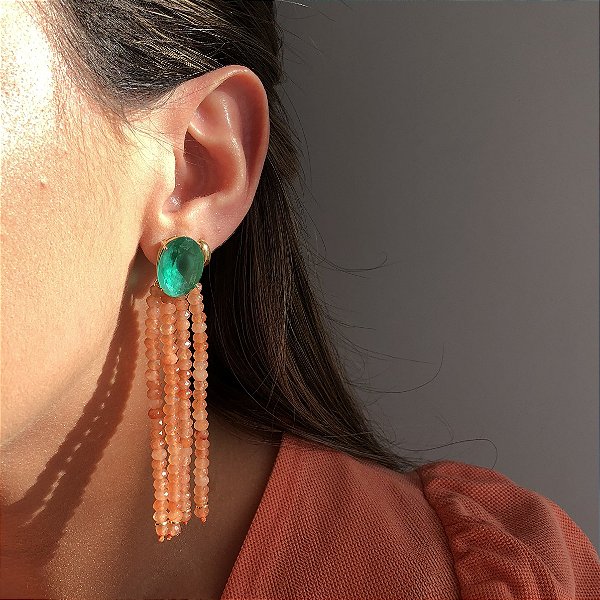 Brinco Oval Turmalina Leitosa Com Franja Fixa Em Pedras Naturais Jade Laranja Mescla Banhado a Ouro