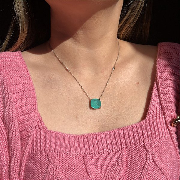 Colar Square Turmalina Fusion Com Ponto de Luz Banhado a Ródio Branco