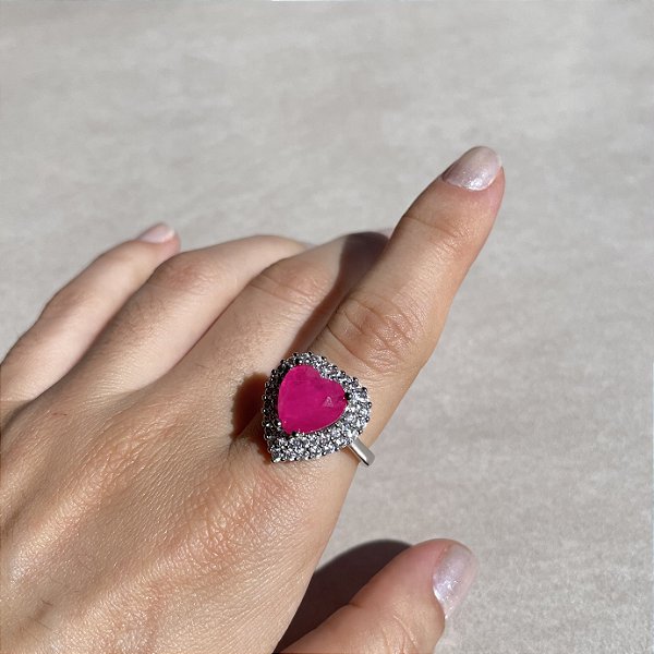 Anel Coração Pink Regulável Banhado a Ródio Branco