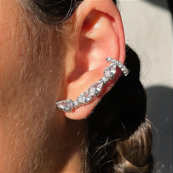 Brinco Ear Cuff Oval Banhado a Ródio Branco