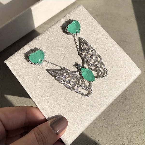 Conjunto Coração/Borboleta Turmalina Fusion Banhado a Ródio Branco