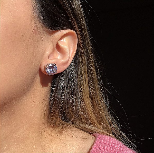 Brinco Solitário Ponto de Luz 12mm Banhado a Ródio Branco