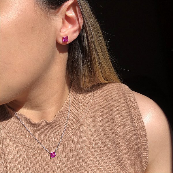Conjunto Quadrado Tam. M Safira Rosa Banhado a Ródio Branco
