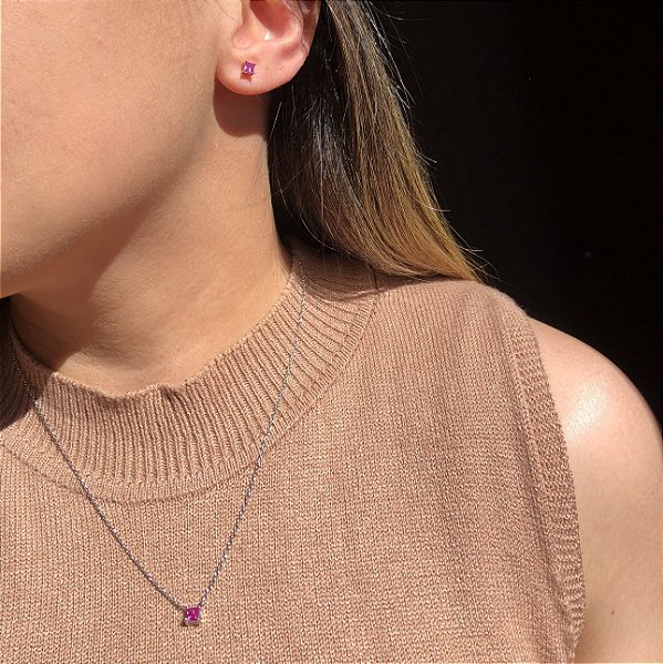 Conjunto Quadrado Tam. P Safira Rosa Banhado a Ródio Branco