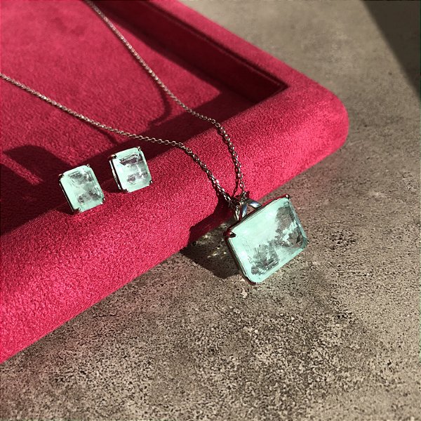 Conjunto Retângulo Azul Niagara Fusion Banhado a Ródio Branco