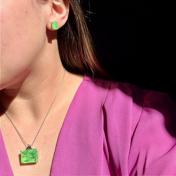 Conjunto Retângulo Quartzo Verde Neon Fusion Banhado a Ródio Branco