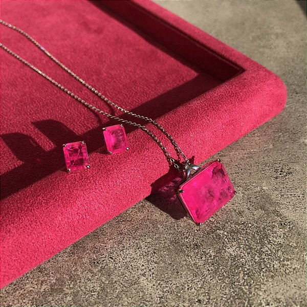 Conjunto Retângulo Pink Fusion Banhado a Ródio Branco