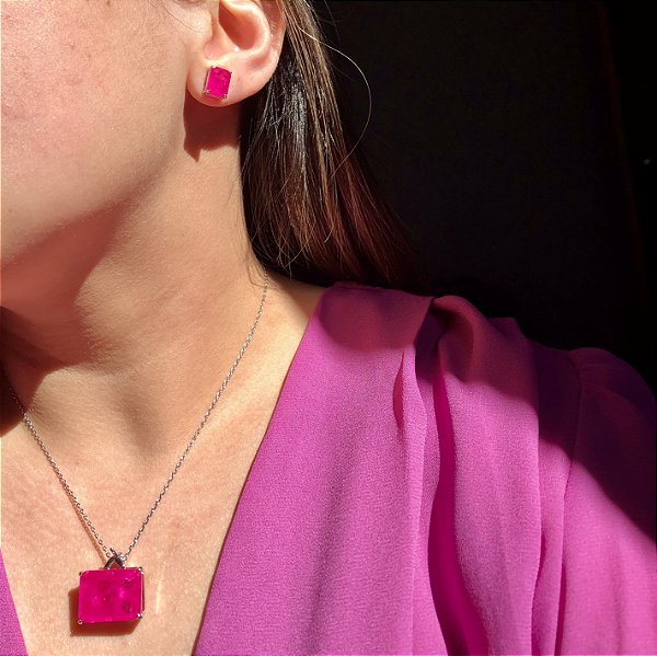 Conjunto Retângulo Pink Fusion Banhado a Ródio Branco