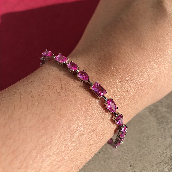 Pulseira Riviera Geométrica Safira Rosa Banhado a Ródio Branco