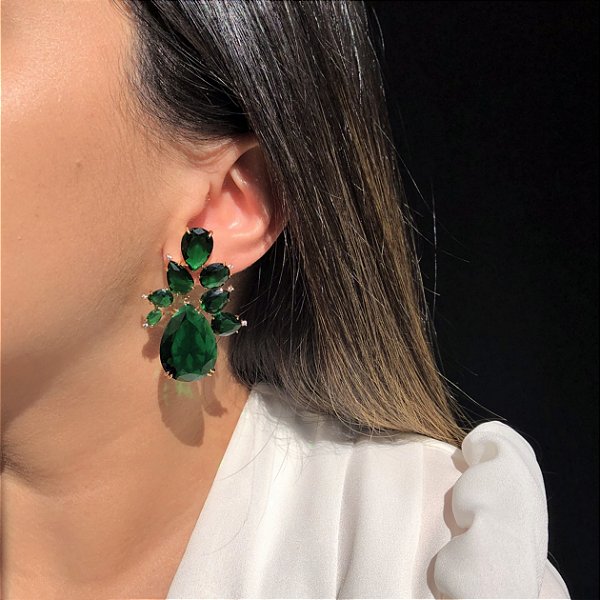 Brinco Luxo Esmeralda Banhado a Ouro