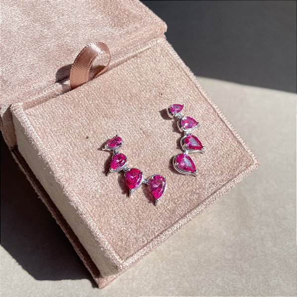 Brinco Ear Cuff Quatro Gotas Safira Rosa Banhado a Ródio Branco