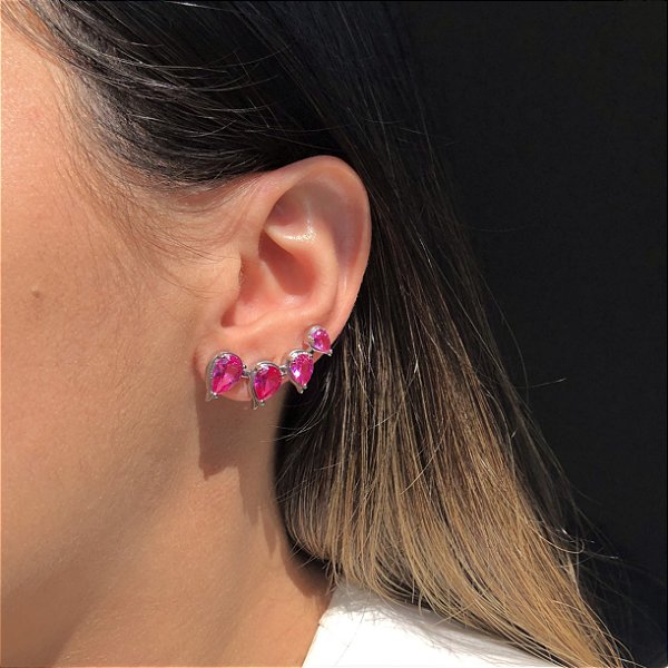 Brinco Ear Cuff Quatro Gotas Safira Rosa Banhado a Ródio Branco